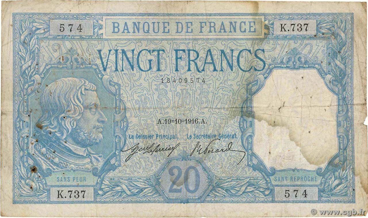 20 Francs BAYARD FRANCE  1916 F.11.01 G