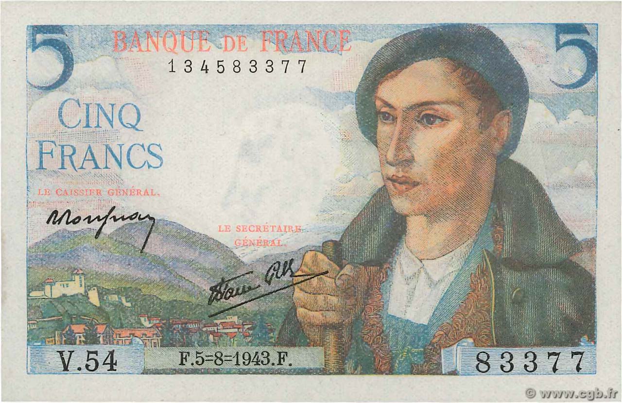 5 Francs BERGER FRANCE  1943 F.05.03 AU-