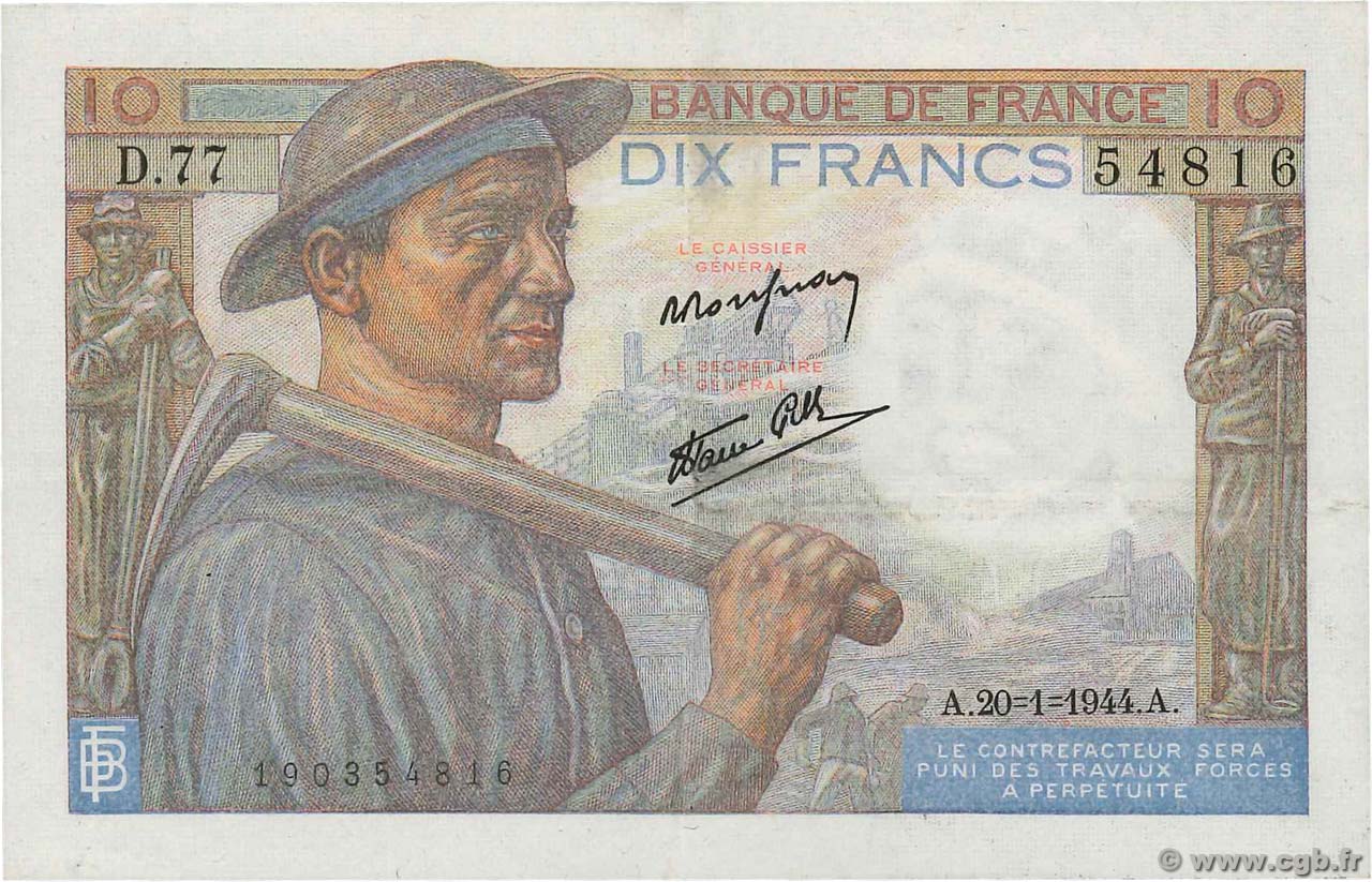 10 Francs MINEUR FRANCE  1944 F.08.11 TTB+