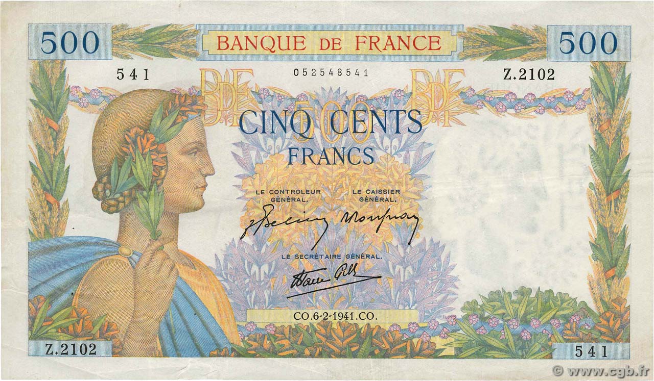 500 Francs LA PAIX FRANCIA  1941 F.32.14 MBC
