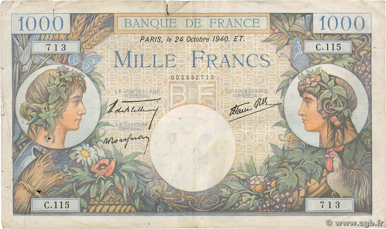 1000 Francs COMMERCE ET INDUSTRIE FRANCE  1940 F.39.01 G
