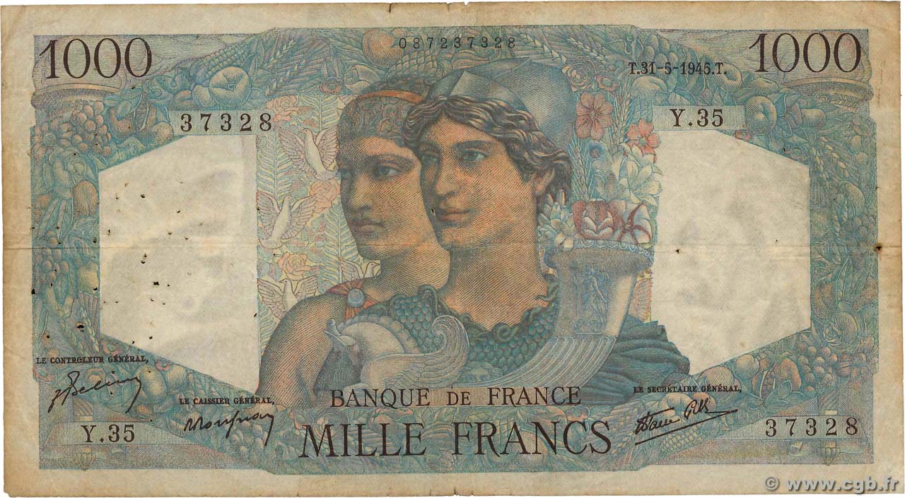 1000 Francs MINERVE ET HERCULE FRANCE  1945 F.41.03 VG