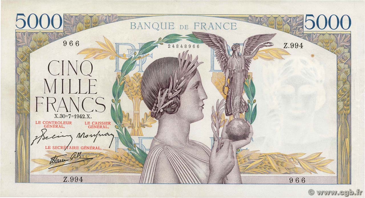 5000 Francs VICTOIRE Impression à plat FRANCIA  1942 F.46.39 MBC+