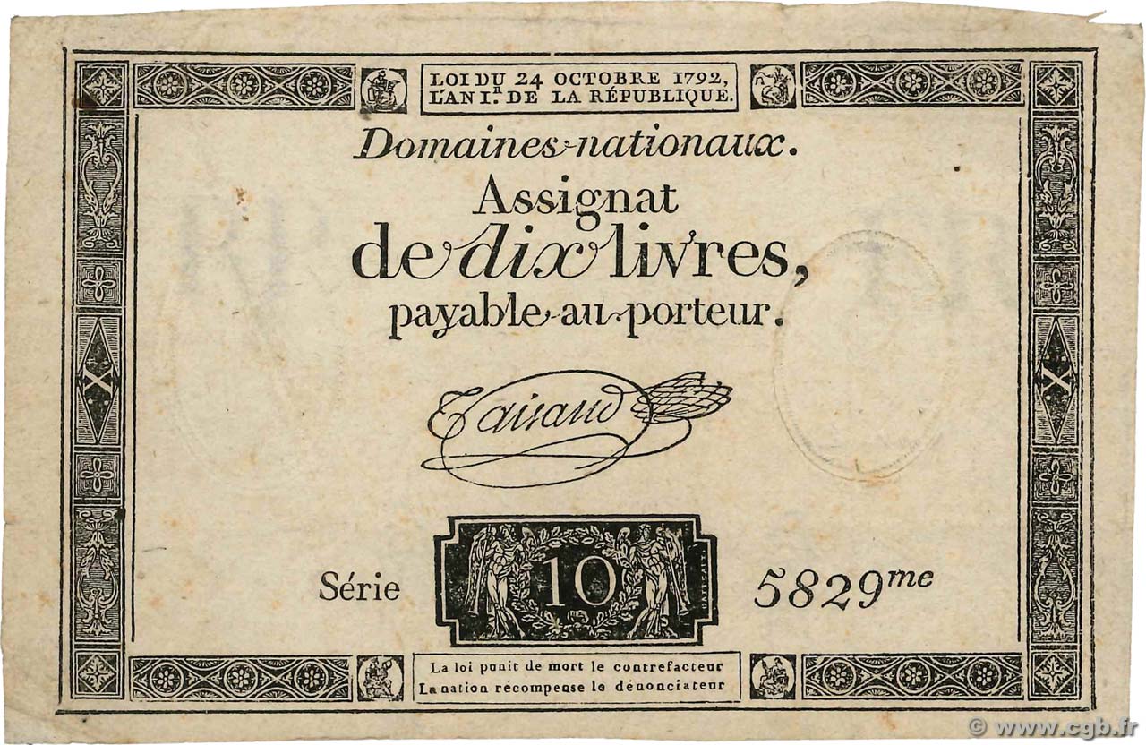 10 Livres filigrane républicain FRANCE  1792 Ass.36b TB+