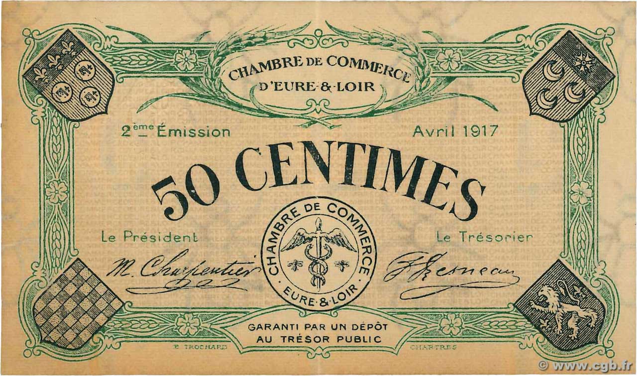 50 Centimes FRANCE Regionalismus und verschiedenen Chartres 1917 JP.045.05 SS