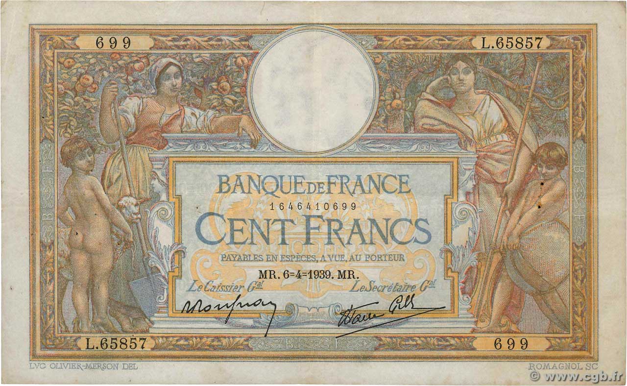 100 Francs LUC OLIVIER MERSON type modifié FRANCE  1939 F.25.45 TB