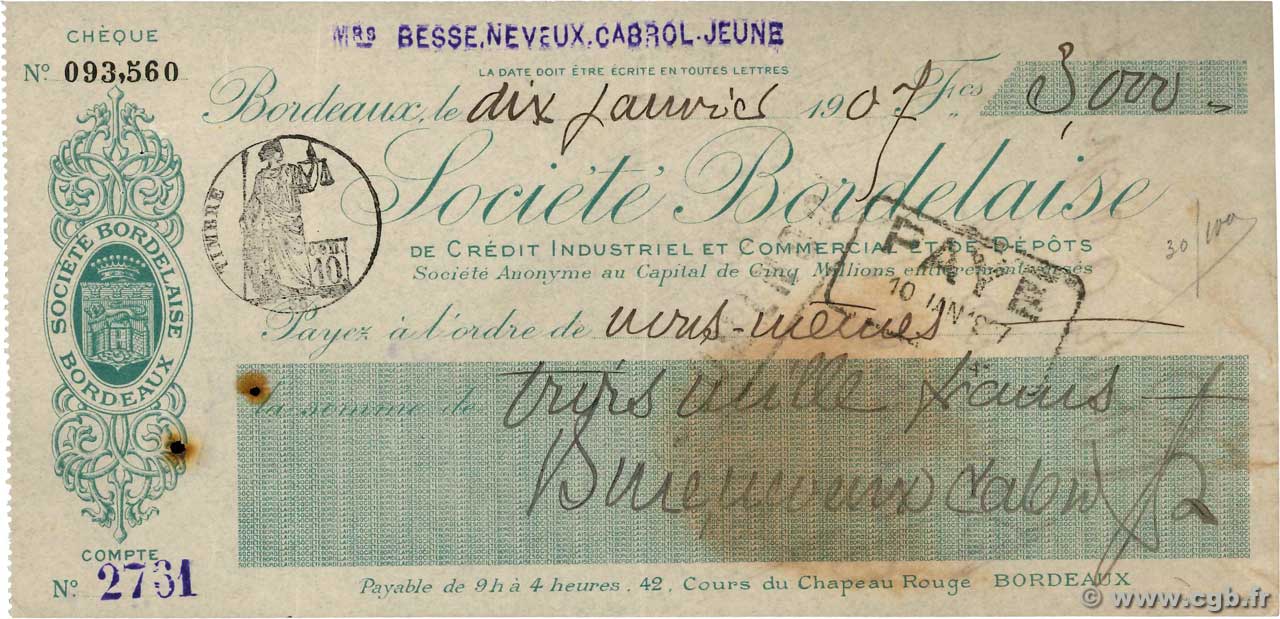 3000 Francs FRANCE regionalism and various Bordeaux 1907 DOC.Chèque VF