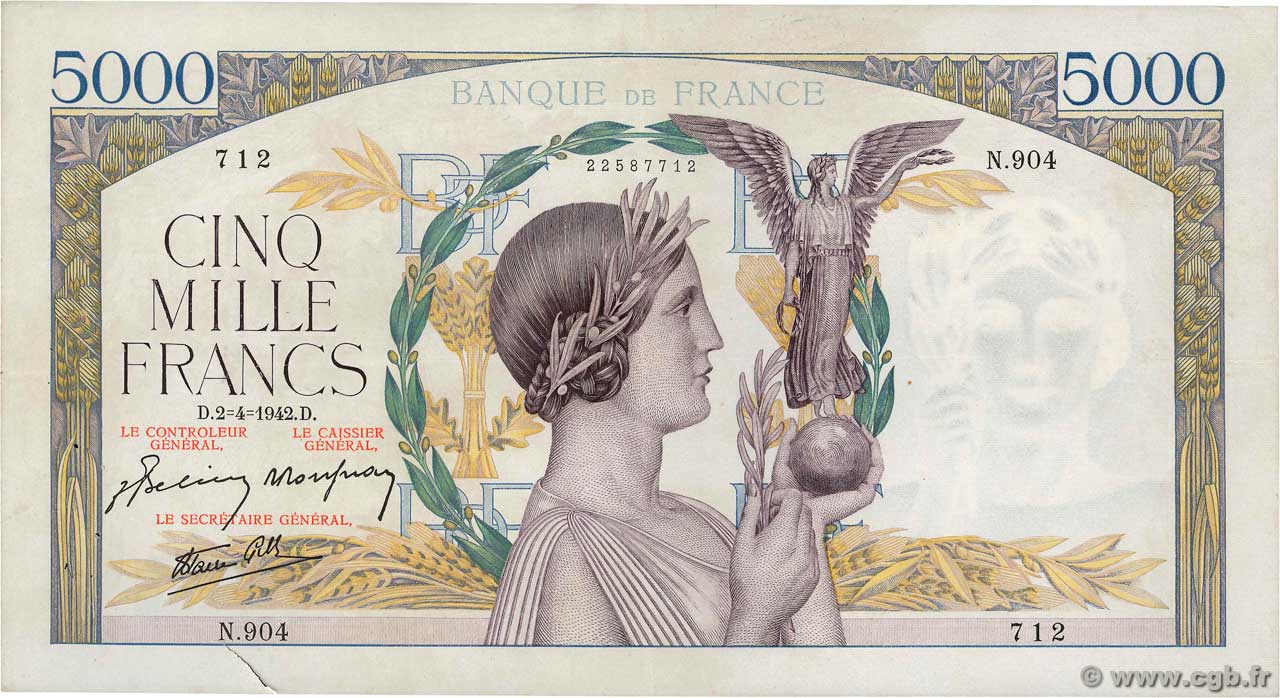 5000 Francs VICTOIRE Impression à plat FRANCIA  1942 F.46.36 BC+