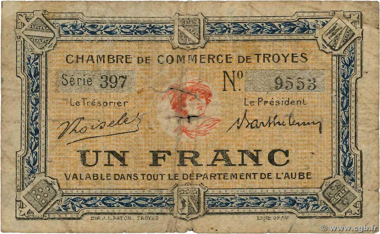 1 Franc FRANCE Regionalismus und verschiedenen Troyes 1918 JP.124.12 SGE