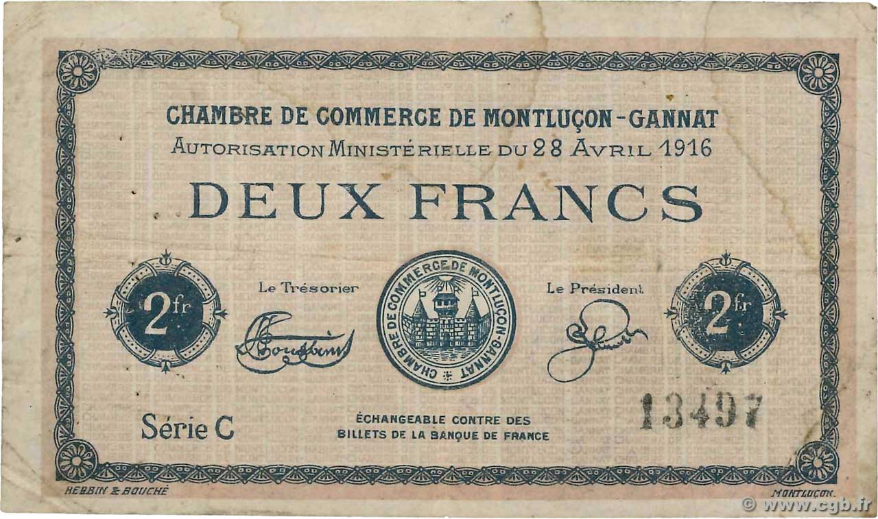 2 Francs FRANCE regionalismo e varie Montluçon, Gannat 1916 JP.084.26 B
