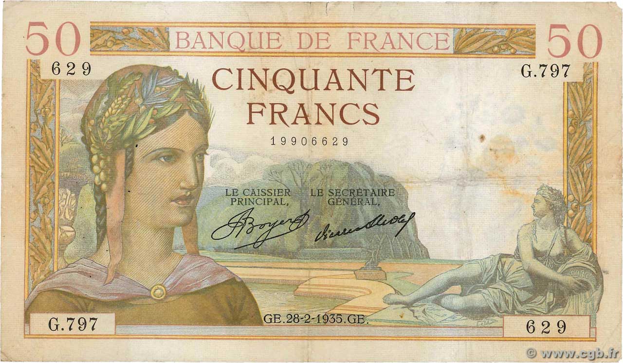 50 Francs CÉRÈS FRANKREICH  1935 F.17.05 S
