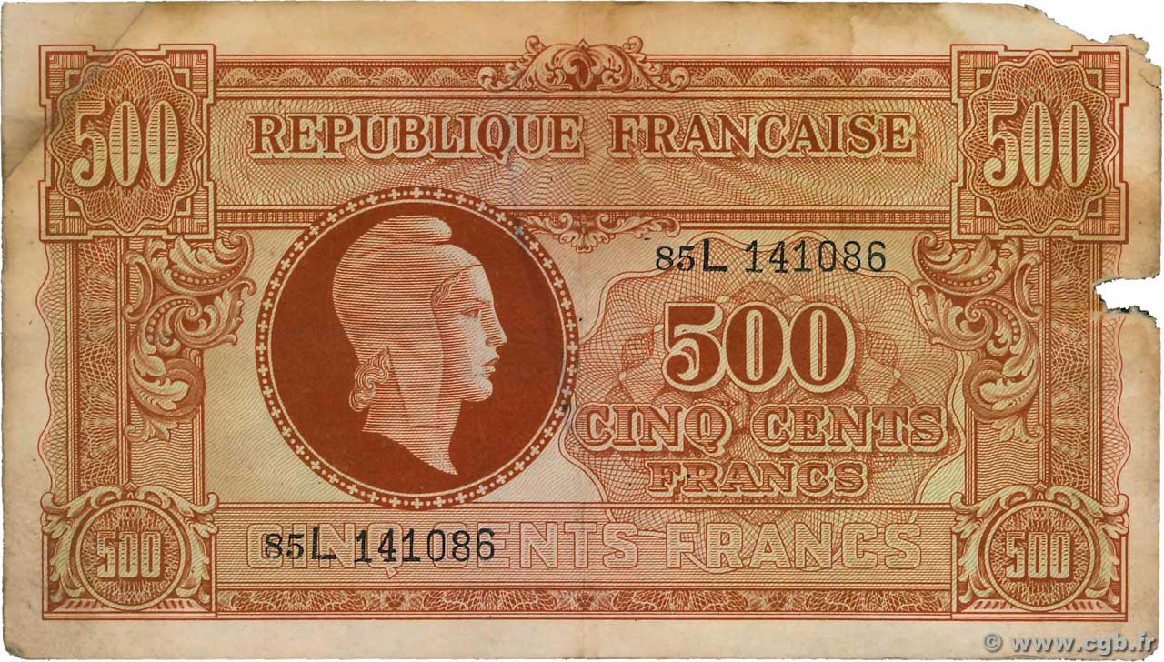 500 Francs MARIANNE fabrication anglaise FRANCIA  1945 VF.11.01 RC