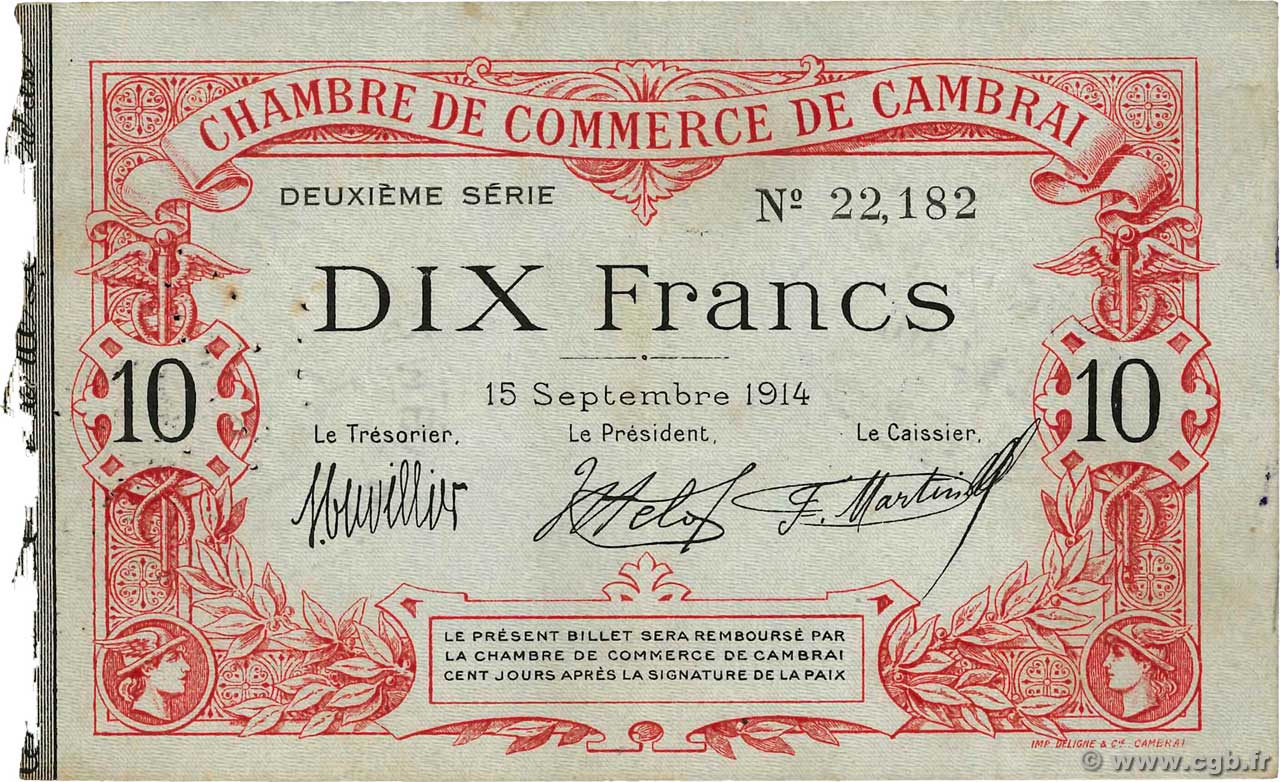 10 Francs FRANCE Regionalismus und verschiedenen Cambrai 1914 JP.037.17 SS