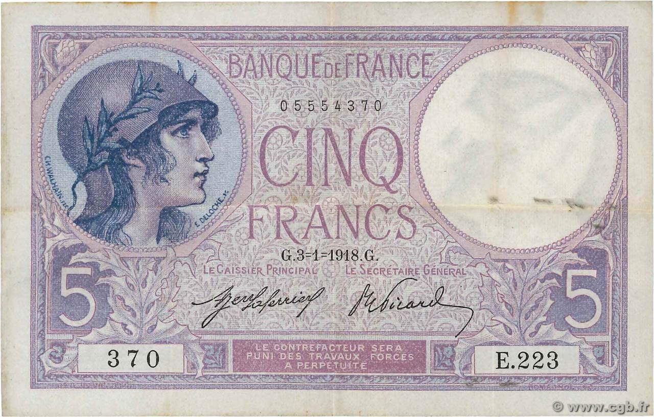 5 Francs FEMME CASQUÉE FRANCE  1918 F.03.02 VF-