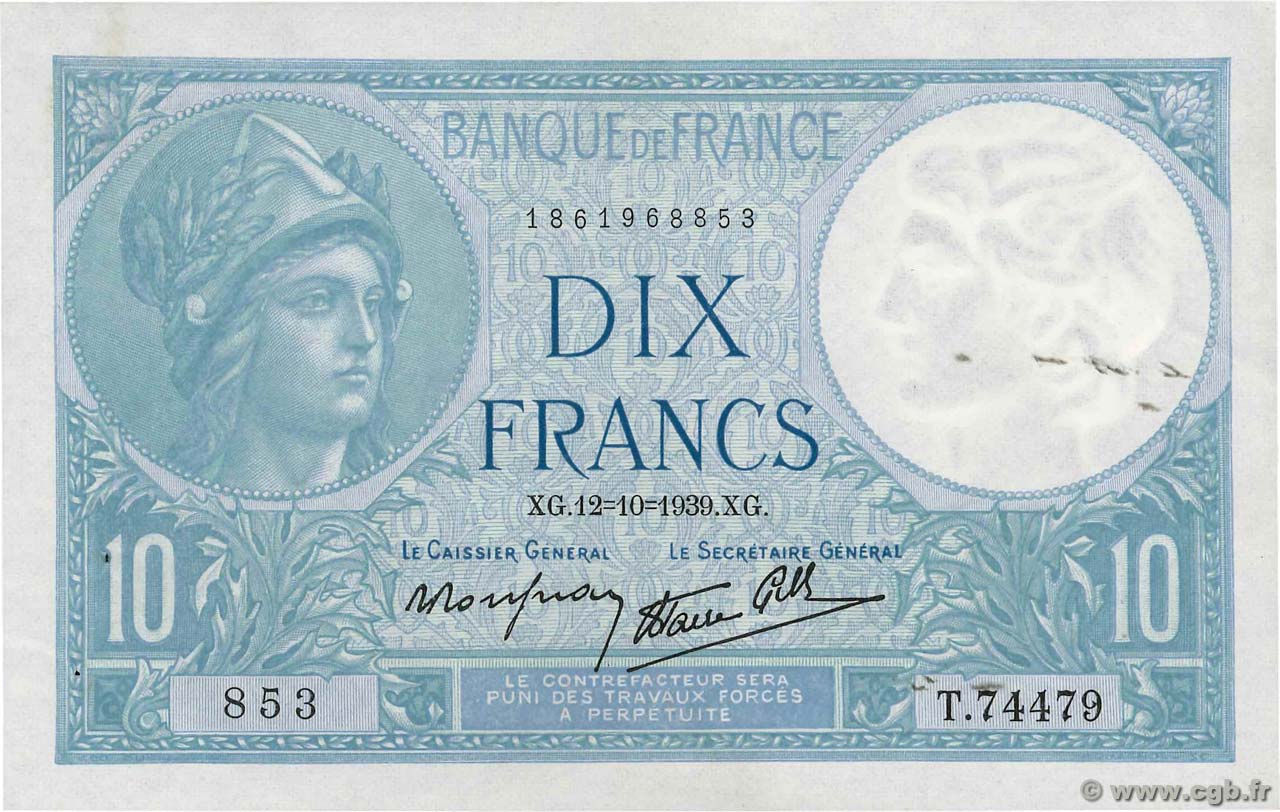 10 Francs MINERVE modifié FRANKREICH  1939 F.07.11 VZ+