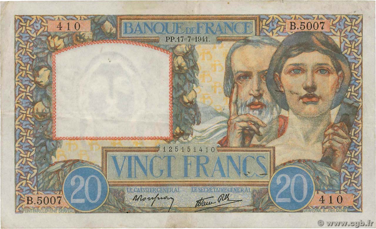 20 Francs TRAVAIL ET SCIENCE FRANCE  1941 F.12.16 TTB
