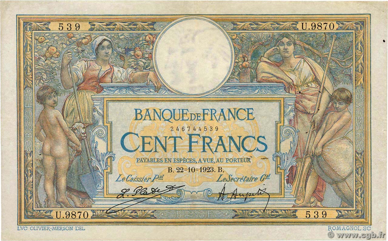 100 Francs LUC OLIVIER MERSON sans LOM FRANCE  1923 F.23.16 VF-