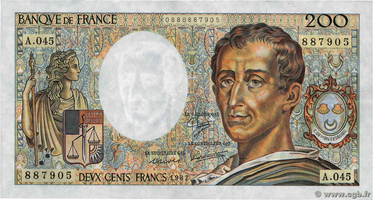 200 Francs MONTESQUIEU FRANCE  1987 F.70.07 TTB
