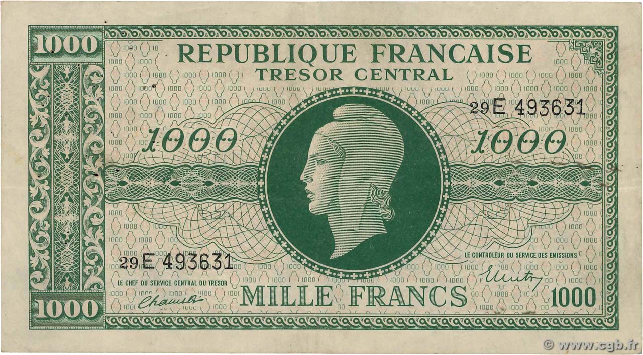 1000 Francs MARIANNE THOMAS DE LA RUE FRANCIA  1945 VF.13.02 MB