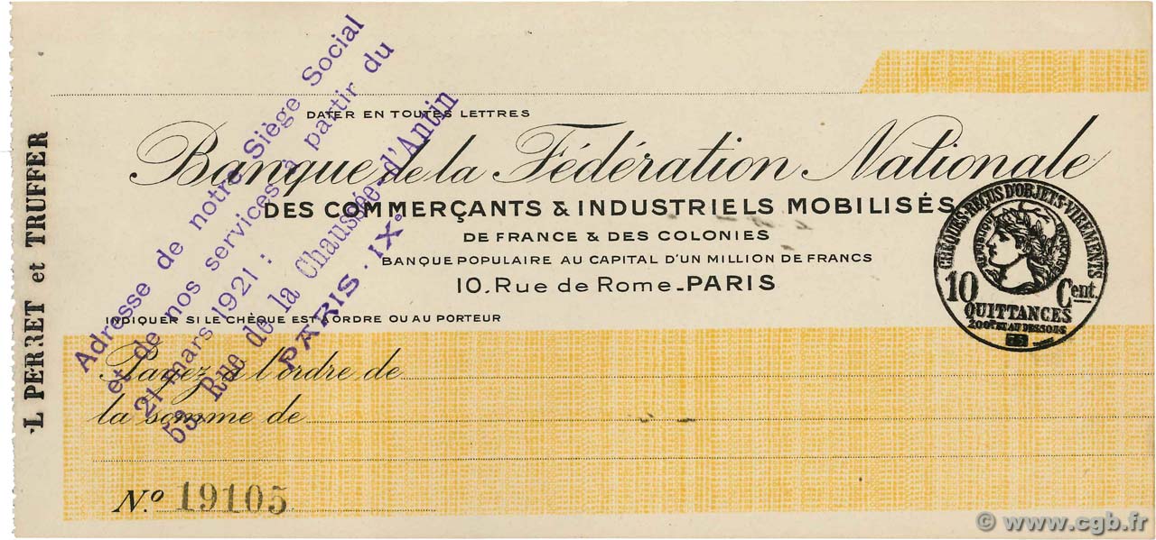 Francs FRANCE regionalismo y varios Paris 1915 DOC.Chèque EBC+