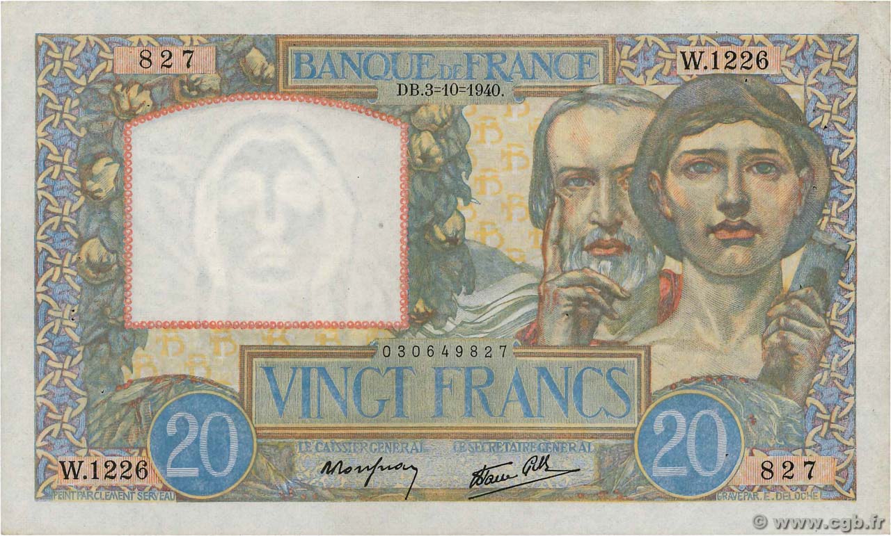 20 Francs TRAVAIL ET SCIENCE FRANCE  1940 F.12.08 TTB+