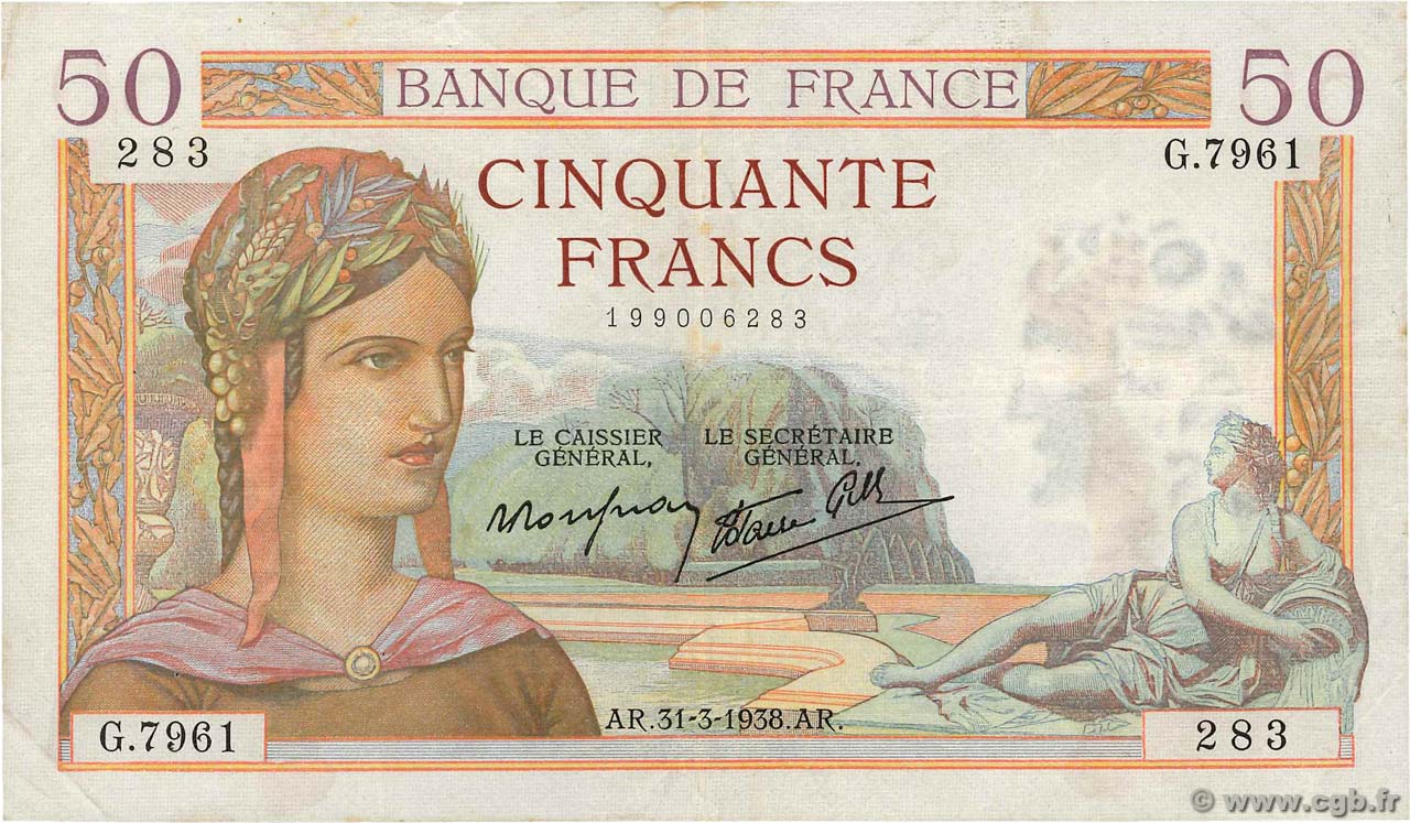 50 Francs CÉRÈS modifié FRANCE  1938 F.18.11 TB