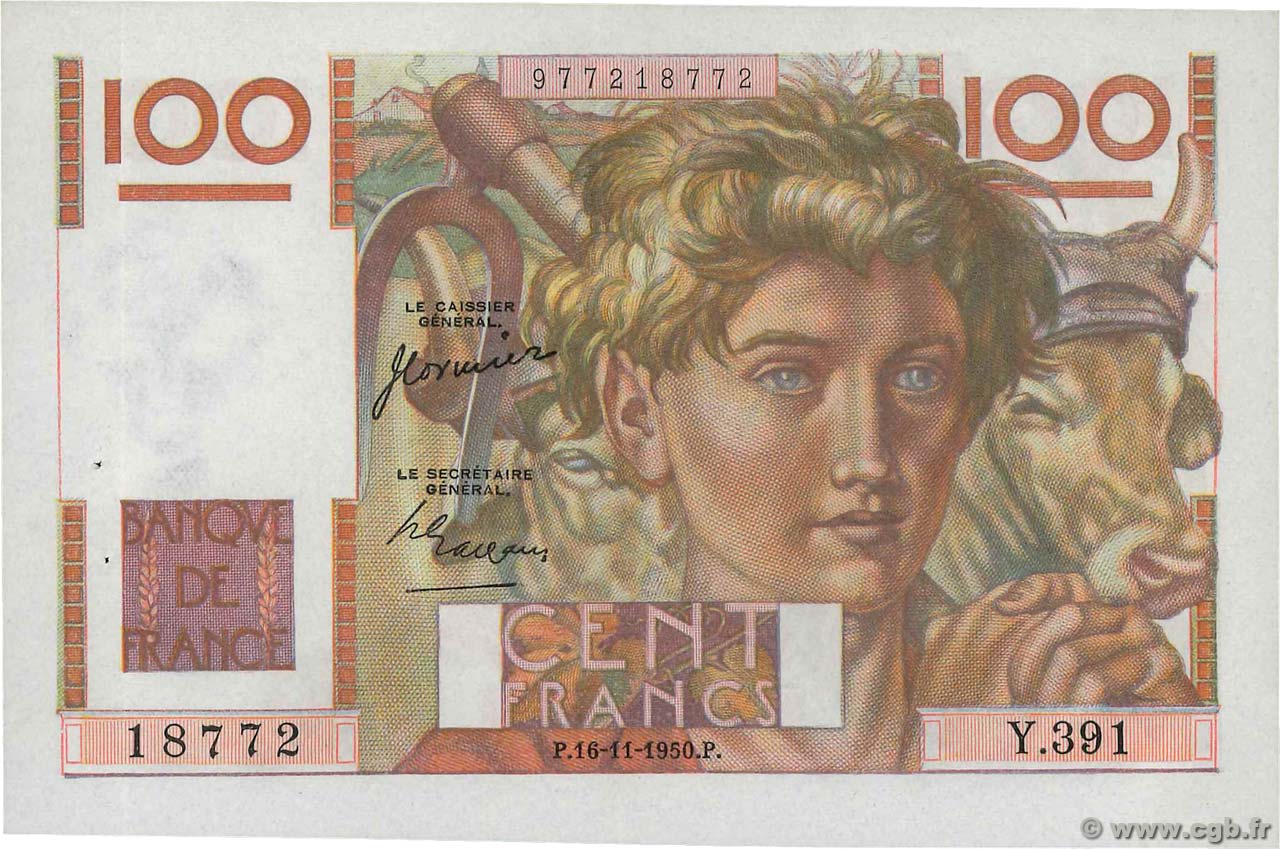100 Francs JEUNE PAYSAN FRANCE  1950 F.28.28 XF