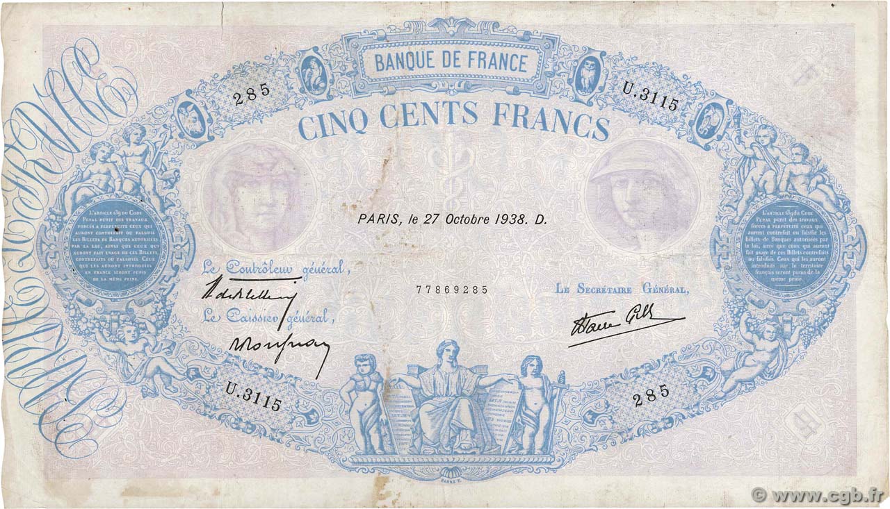 500 Francs BLEU ET ROSE modifié FRANCIA  1938 F.31.21 BC