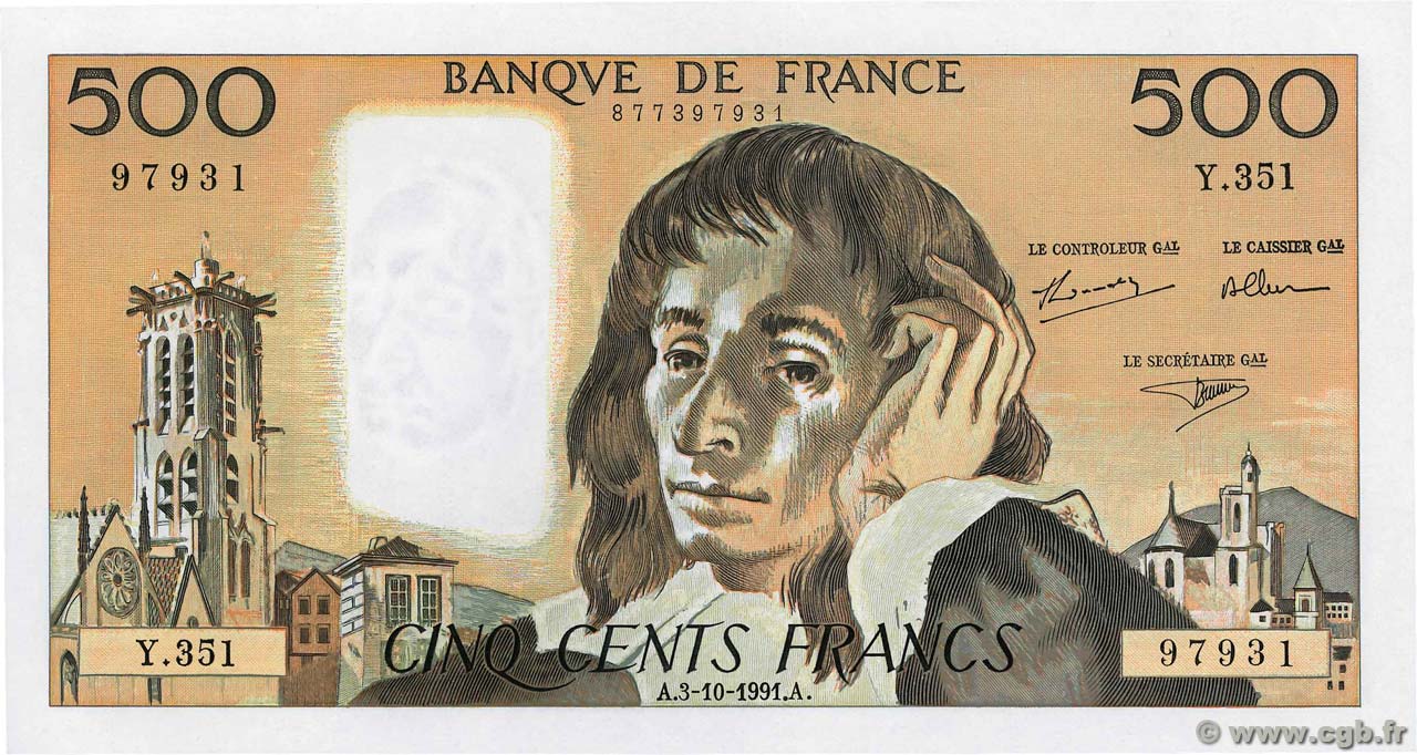 500 Francs PASCAL FRANKREICH  1991 F.71.48 fST+
