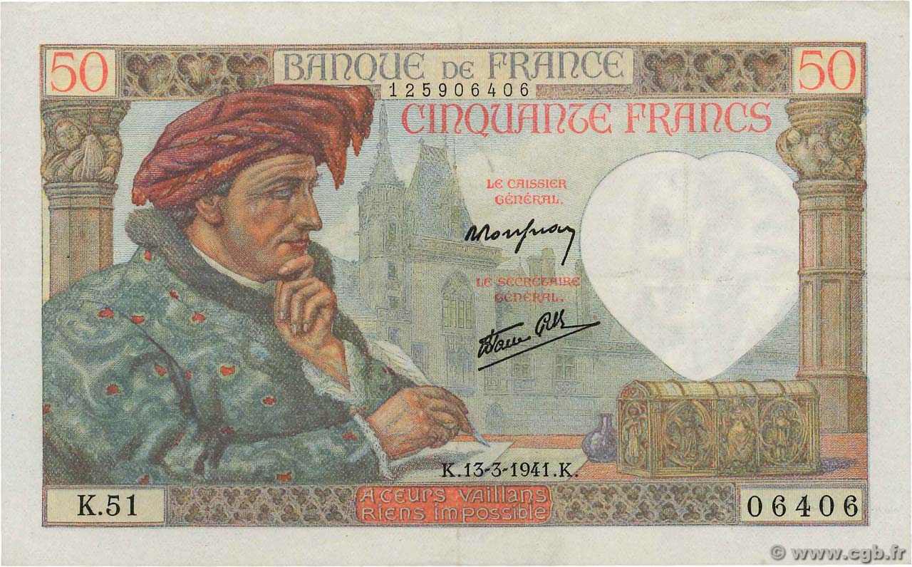 50 Francs JACQUES CŒUR FRANCE  1941 F.19.07 TTB+