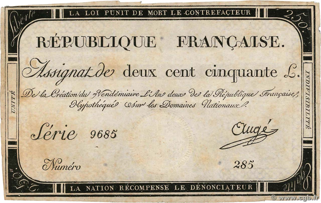 250 Livres FRANCE  1793 ass.45a pr.TTB