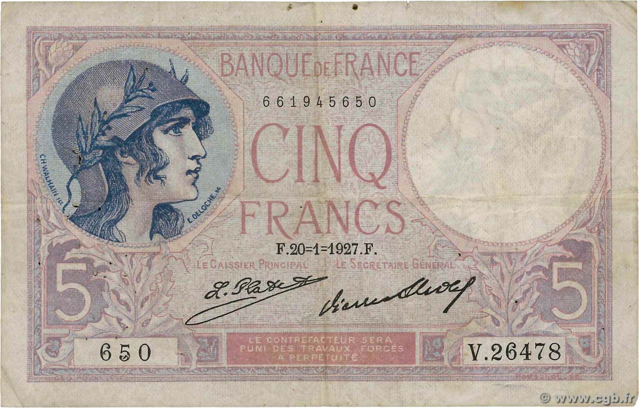 5 Francs FEMME CASQUÉE FRANCE  1927 F.03.11 TB