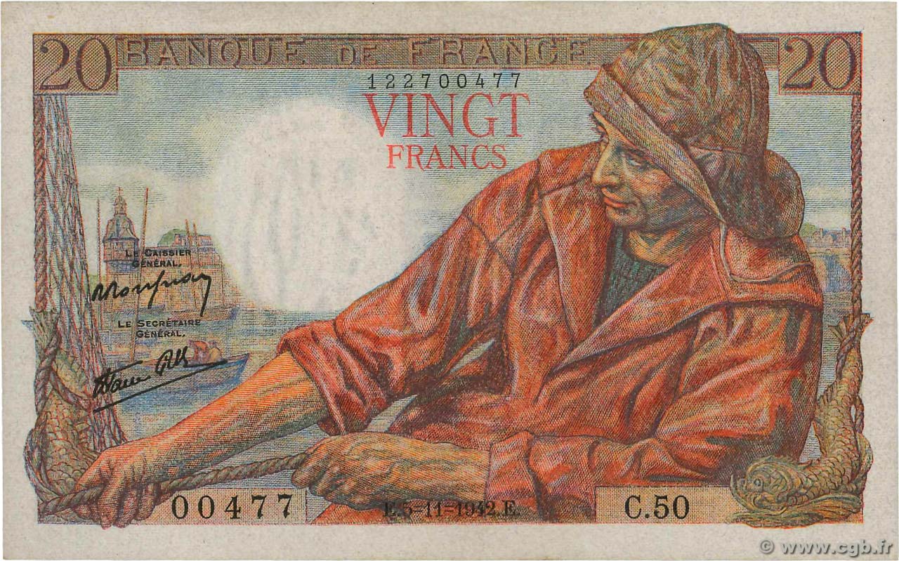 20 Francs PÊCHEUR FRANCE  1942 F.13.04 TTB+