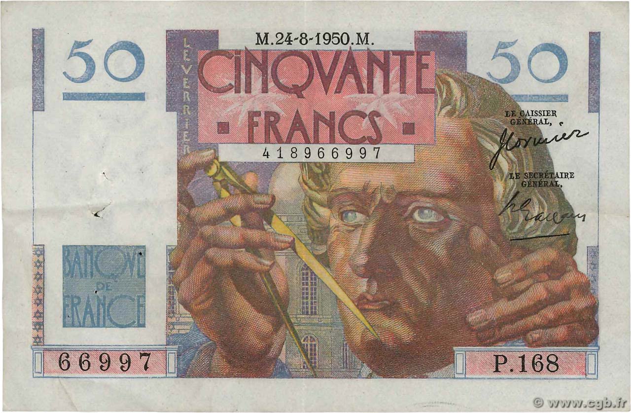 50 Francs LE VERRIER FRANCE  1950 F.20.16 VF