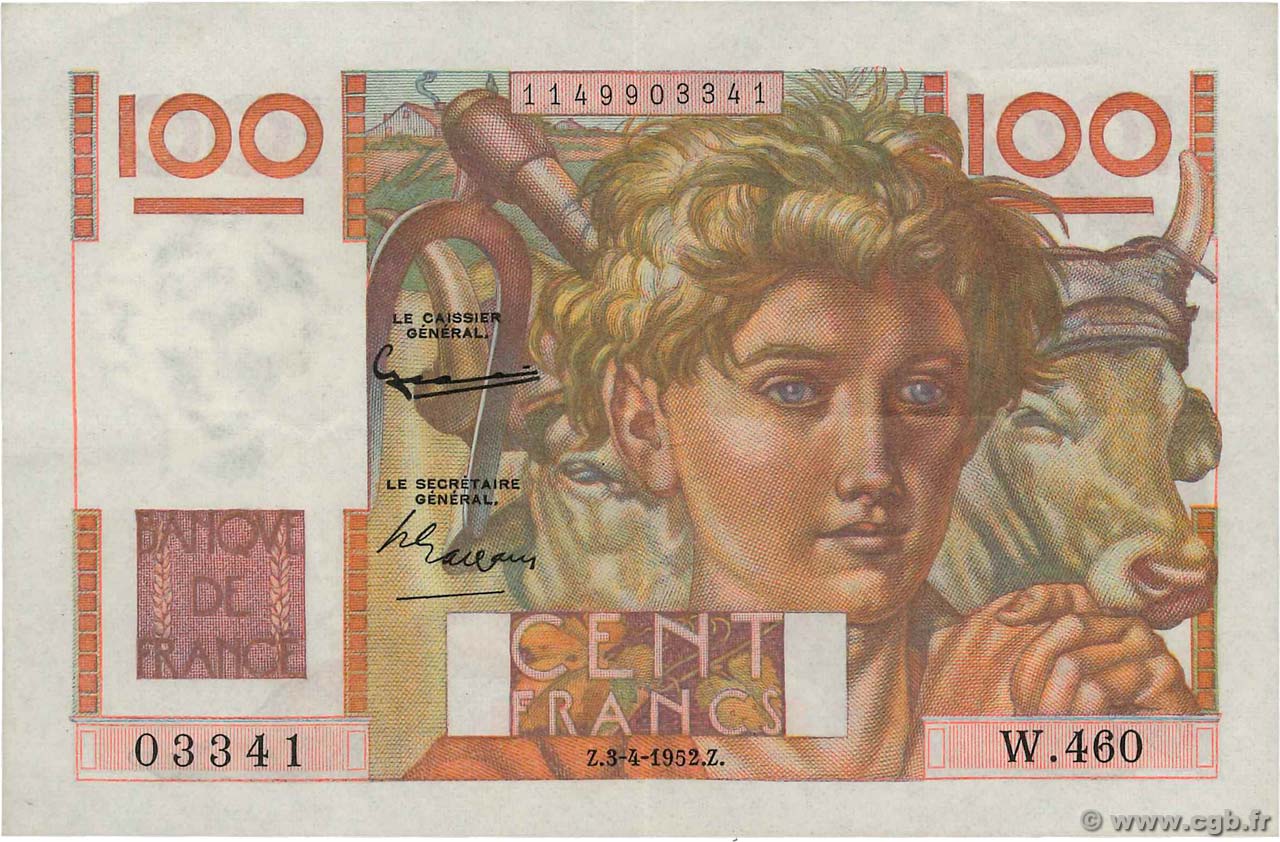 100 Francs JEUNE PAYSAN FRANCE  1952 F.28.32 pr.SUP