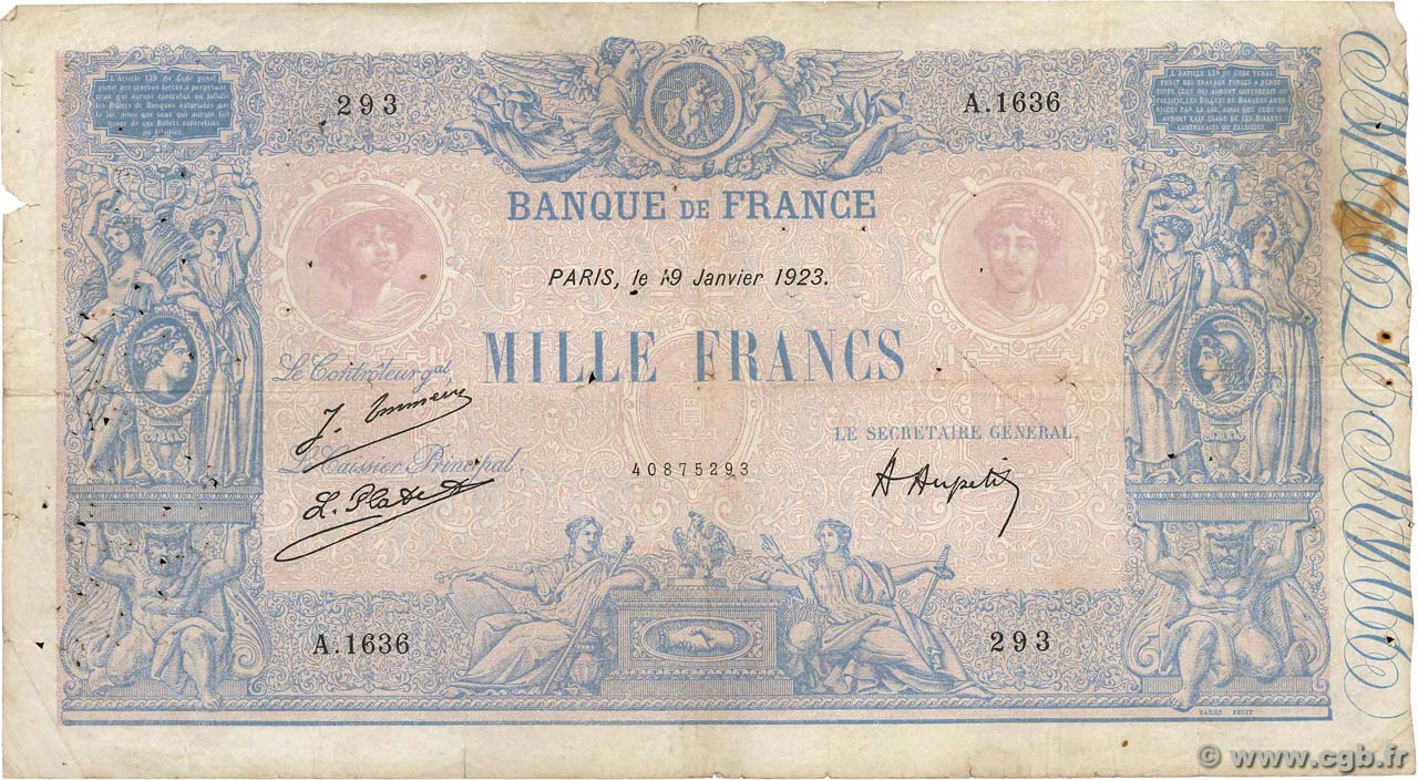 1000 Francs BLEU ET ROSE FRANKREICH  1923 F.36.39 SGE