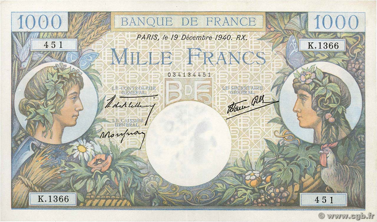 1000 Francs COMMERCE ET INDUSTRIE FRANCE  1940 F.39.03 XF-