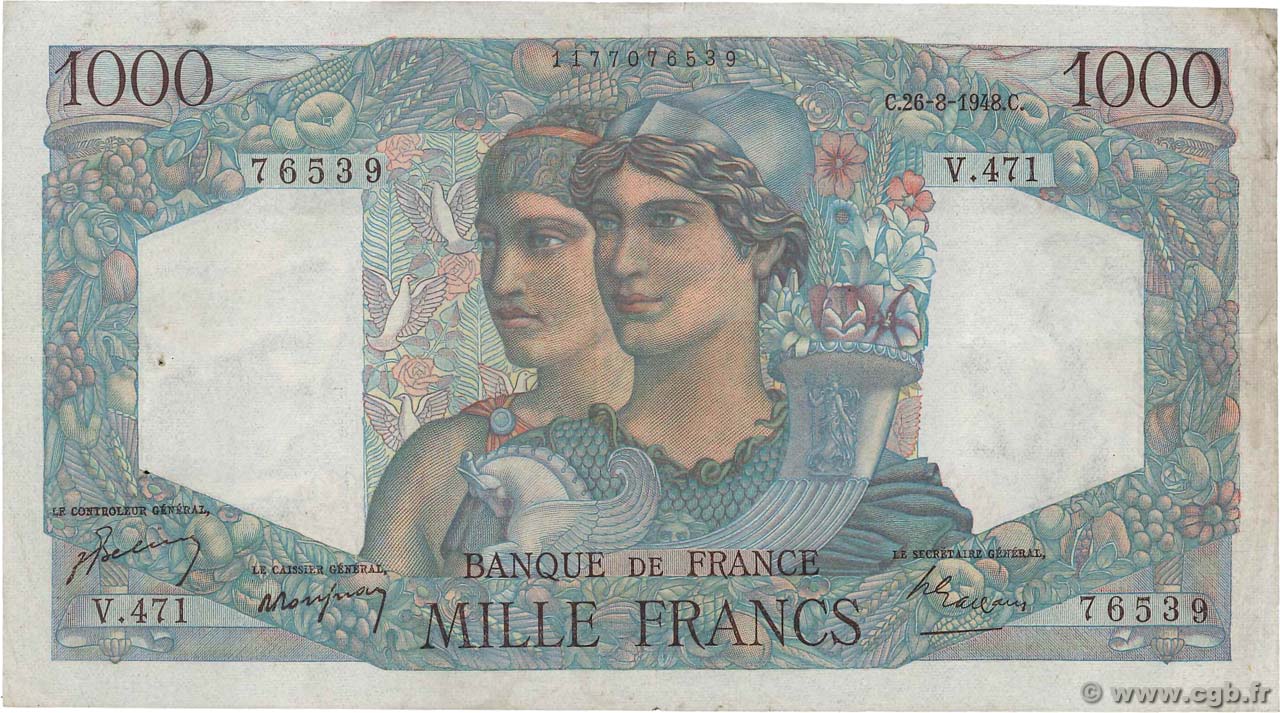 1000 Francs MINERVE ET HERCULE FRANCE  1948 F.41.23 TTB
