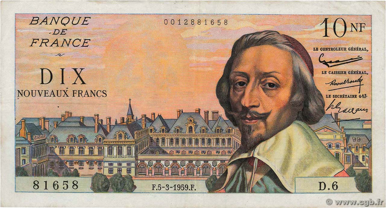 10 Nouveaux Francs RICHELIEU FRANCE  1959 F.57.01 TTB