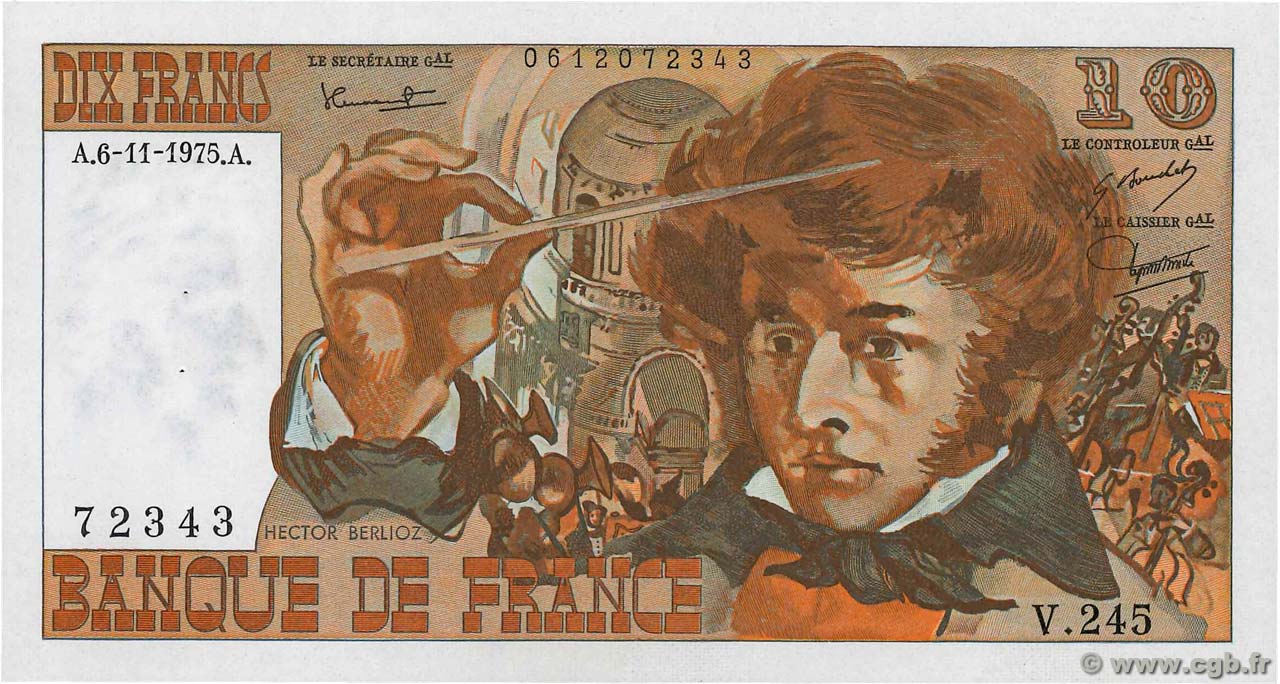 10 Francs BERLIOZ FRANCE  1975 F.63.14 XF+