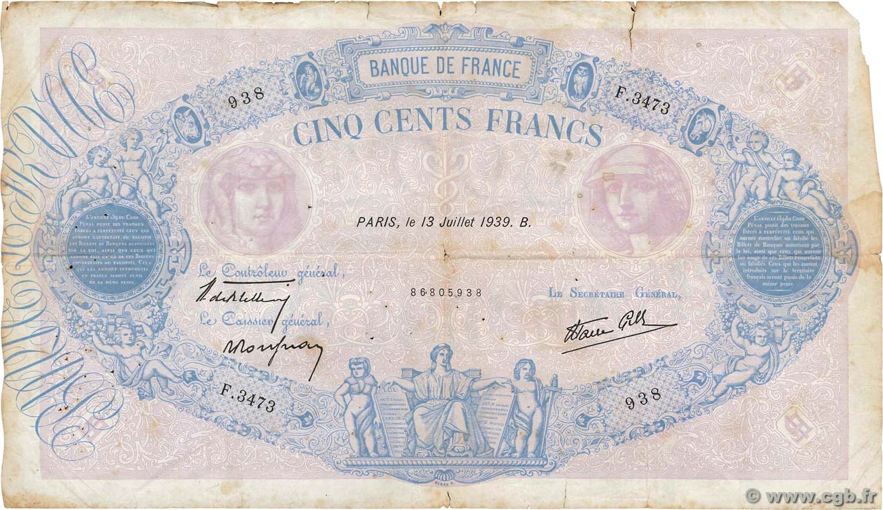 500 Francs BLEU ET ROSE modifié FRANCE  1939 F.31.36 AB