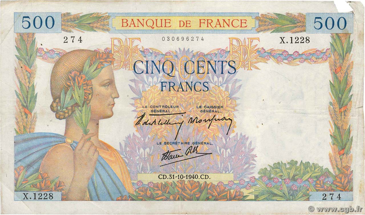 500 Francs LA PAIX FRANKREICH  1940 F.32.08 SGE