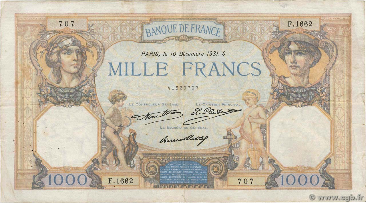 1000 Francs CÉRÈS ET MERCURE FRANCE  1931 F.37.06 B+