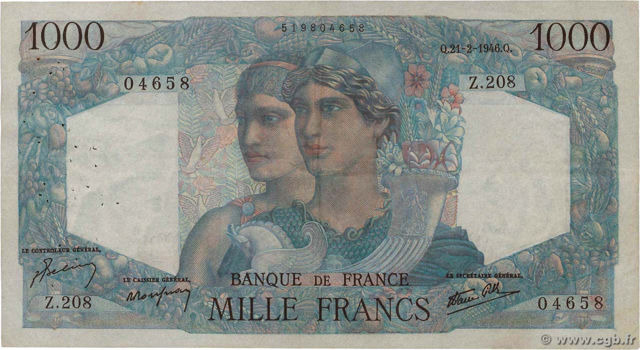 1000 Francs MINERVE ET HERCULE FRANKREICH  1946 F.41.11 SS