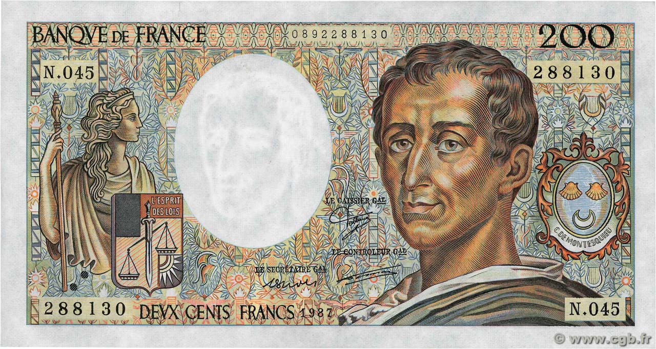 200 Francs MONTESQUIEU FRANCE  1987 F.70.07 VF+