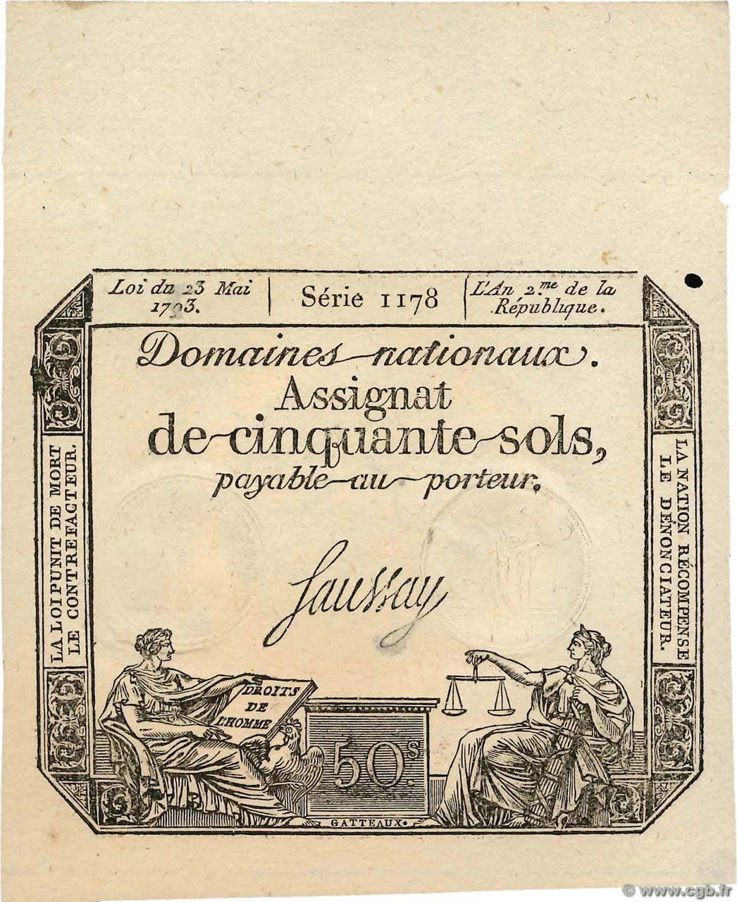 50 Sols variété FRANCIA  1793 Ass.42b.var AU