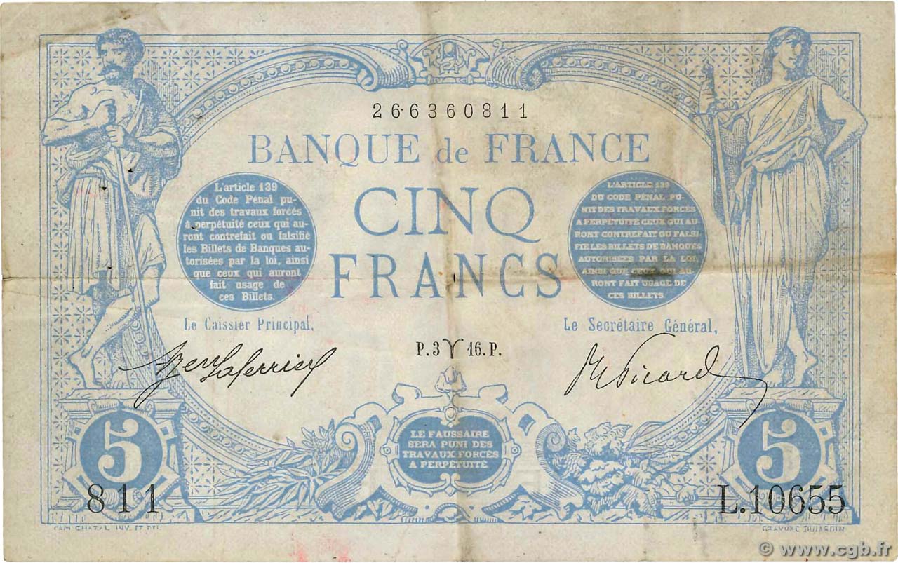 5 Francs BLEU FRANCIA  1916 F.02.37 BC