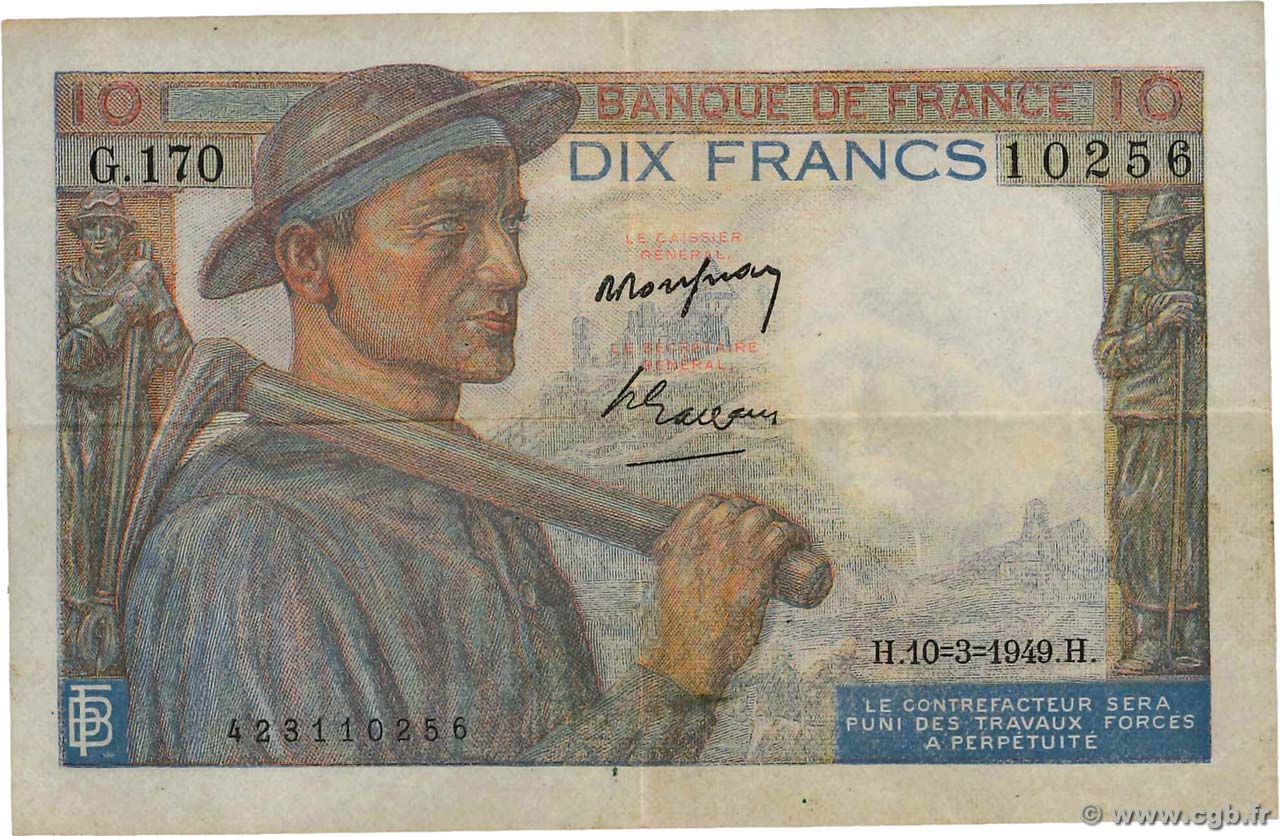 10 Francs MINEUR FRANCE  1949 F.08.20 VF