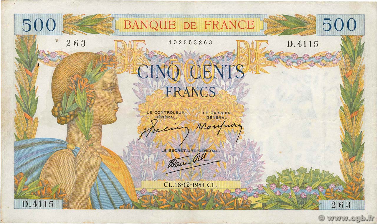 500 Francs LA PAIX FRANCE  1941 F.32.25 TTB