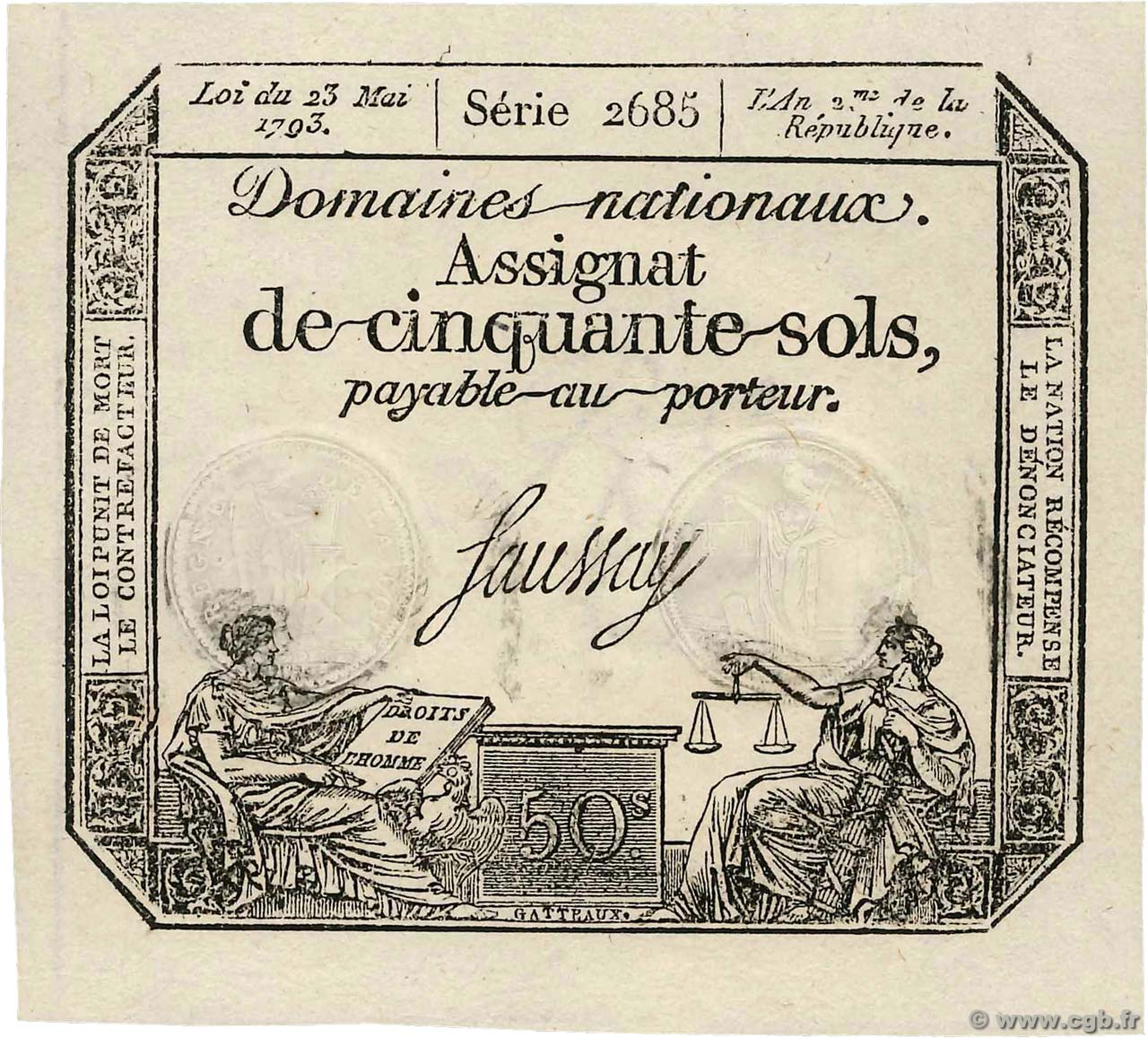 50 Sols FRANCE  1793 Ass.42c AU+